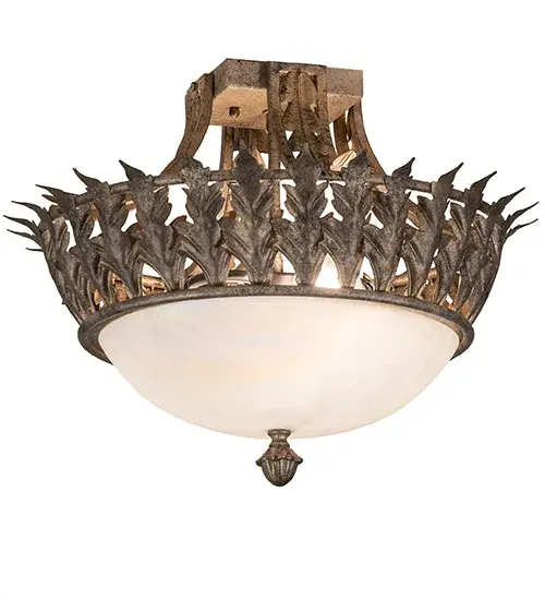 Capture an elegant European-styled design. This dazzling Hampton ceiling fixture is enhanced with lovely Acanthus Leaf metal accents that adorn the perimeter. The stunning White Iridescent Glass shade is complemented with a finial; decorative accents; and hardware in a gorgeous Corinth finish. The pendant beautifully illuminates dining areas and entryways in fine homes and restaurants from Ann Arbor; Michigan; to Springfield; Illinois; to Berkeley; California. The Hampton Flushmount is included in our American-made; American-designed Contemporary Lighting Collection and manufactured in Yorkville; NY. It is UL and cUL listed for dry and damp locations. - alternate view