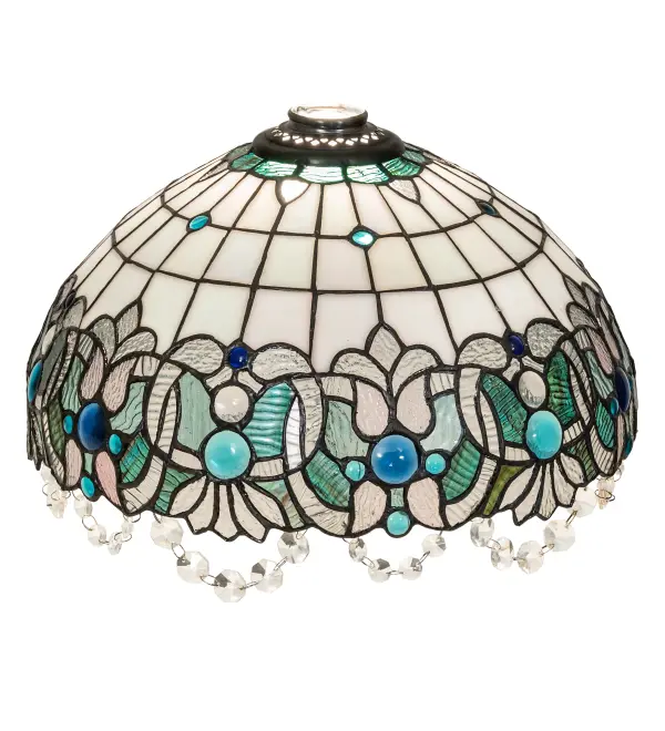 Oceanic Iridescent Blue Jewels; set against a Clear and Blue Angel-style abstract motif; accentuate this intricate Art Nouveau design on a White Art Glass background. The shade is created using the famous Meyda Tiffany copper foil construction process and enhanced with hardware finished in Mahogany Bronze. It is accented with a Crystal?beaded garland around the perimeter. The shade pairs well with a table or floor base and can be matched with hardware to build a ceiling fixture. The Angelica Shade is included in our American-designed; handcrafted Art Nouveau Stained Glass Lighting Collection. Each shade is a unique work of art; featuring color variations derived from the natural ingredients inherent in the glass.