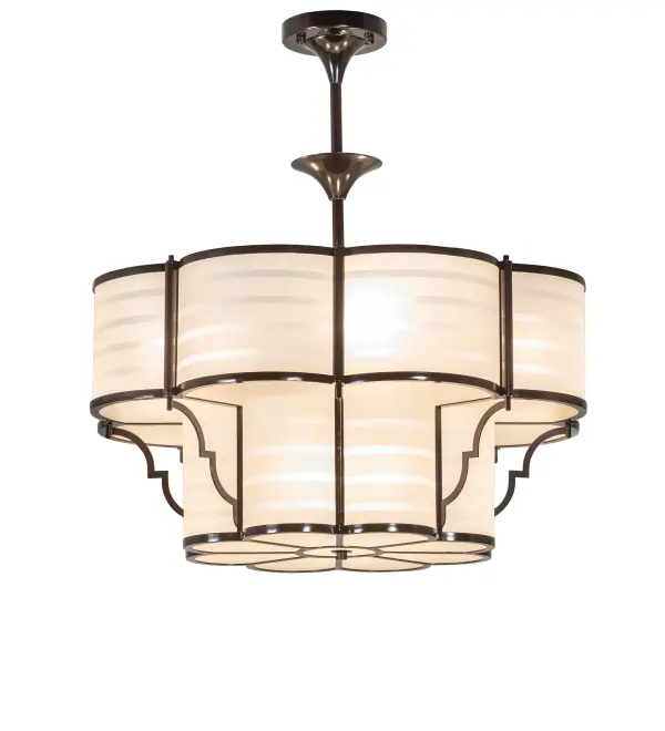 Brilliant and delicately sculpted with curved edges; the Alastair Pendant features a unique and beautiful diffuser that combines Amber Quartz Idalight with Contrail Mist Idalight stripes across the perimeter of this two-tier fixture. The curved edges and bottom diffuser feature a floral motif enhanced with a Dark Bronze finish. The pendant is ideal for illuminating dining areas and entryways in fine homes and hospitality settings from Coral Gables; Florida; to Tempe; Arizona; to Elk Grove; California. The Alastair Pendant is featured in our American-designed; handcrafted Art Deco Lighting Collection. UL and cUL listed for dry and damp locations.