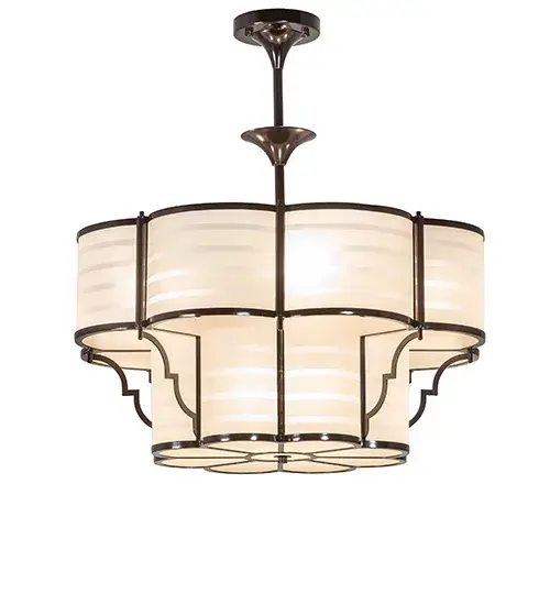 Brilliant and delicately sculpted with curved edges; the Alastair Pendant features a unique and beautiful diffuser that combines Amber Quartz Idalight with Contrail Mist Idalight stripes across the perimeter of this two-tier fixture. The curved edges and bottom diffuser feature a floral motif enhanced with a Dark Bronze finish. The pendant is ideal for illuminating dining areas and entryways in fine homes and hospitality settings from Coral Gables; Florida; to Tempe; Arizona; to Elk Grove; California. The Alastair Pendant is featured in our American-designed; handcrafted Art Deco Lighting Collection. UL and cUL listed for dry and damp locations. - alternate view