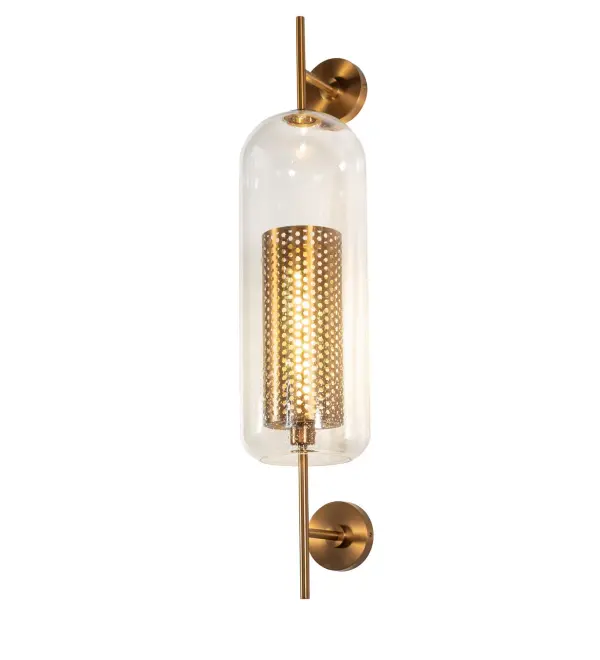 This intriguing, industrial-style lighting design features a Clear Seeded Glass Cylinder lens encasing a stunning Antique Brass-finished cylindrical diffuser with pierced metal cutouts. This unique wall sconce mounts with two matching rounded wall plates. The wall fixture is ideal for hallways and dining areas in fine homes, restaurants, and commercial spaces. The Amfried Contemporary Wall Sconce is included in our American-designed, handcrafted Contemporary Lighting Collection. It is UL and cUL listed for dry and damp locations. Collection: Amfried Finish: Antique Brass Glass: Clear Seeded Glass Width: 8.50" Height: 38.00" Length: 10.00" Weight: 9.00 lb Number of Bulbs: 1 Maximum Wattage: 10.00 W Bulb Type: T8 Bulb Base: E26 Light Source: LED Material: Steel Country of Origin: USA Safety Rating: Damp LED