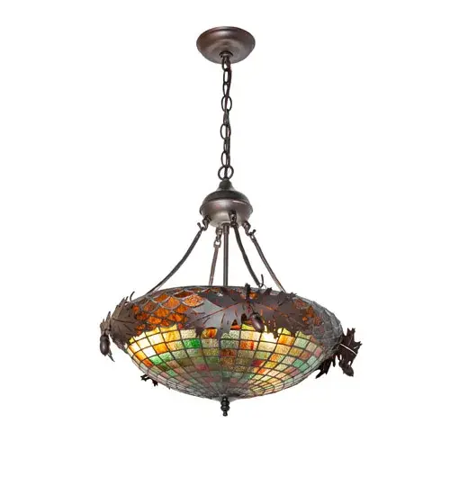 Majestic as the mighty Oak; this stunning ceiling fixture features Oak Leaf-covered hardware created in a warm Mahogany Bronze finish by our highly skilled artisans in the Yorkville; New York; manufacturing facility. A lighted Multi-toned Autumn Green shade with a Bark Brown granite glass crown is created using the famous Meyda Tiffany copperfoil construction technique. Meyda's unique hybrid model integrates domestic production with imported stained glass shades from overseas partnership factories. The Greenbriar Oak Inverted Pendant is included in our American-made; American-designed; handcrafted Nature-Inspired Collection. It is UL and cUL listed for dry and damp locations. No two art glass shades will be the same; and their individuality can be as remarkably unique as their personality. - alternate view