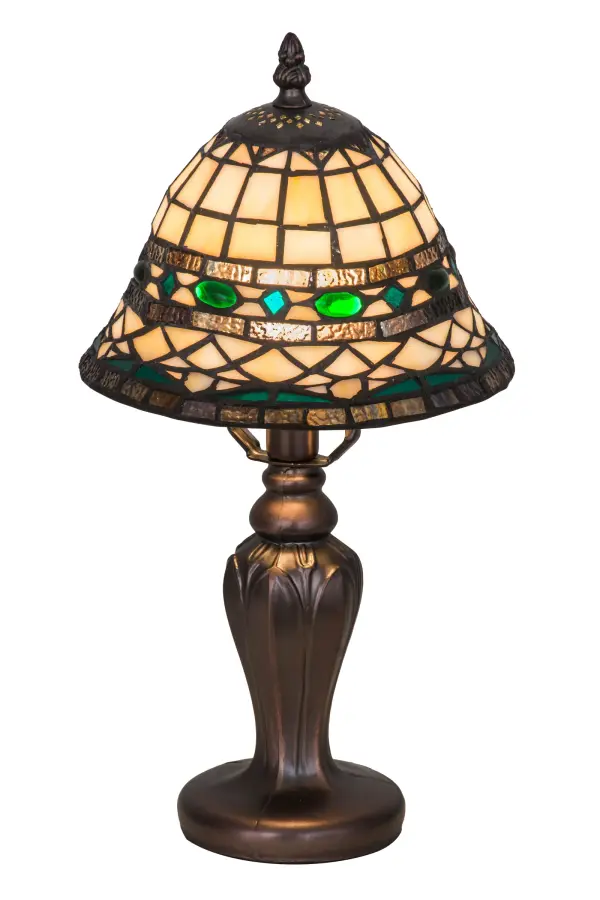 Emerald and Aquamarine colored jewels and Multicolored granite glass bands accentuate this elegant Amber Beige art glass reproduction of a famous Louis Comfort Tiffany design. This Roman styled shade is inspired by Italian art and architecture and is handcrafted of authentic stained glass by artisans using the famous Meyda Tiffany copperfoil construction method. The shade is perched on a decorative base featuring a warm, hand applied Mahogany Bronze finish. Custom colors, styles and sizes are offered, as well as dimmable energy efficient lamping options such as LED. The lamp is UL and cUL listed for dry locations. Collection: Tiffany Roman Finish: Beige Green Pbagwg Green Glass: Ba Em Pbagwg Green Width: 8.00" Height: 15.00" Length: 8.00" Weight: 2.50 lb Number of Bulbs: 1 Maximum Wattage: 40.00 W Bulb Type: G16.5 Bulb Base: E12 Material: Zinc Country of Origin: CHINA Safety Listing: Dry Safety Rating: Dry