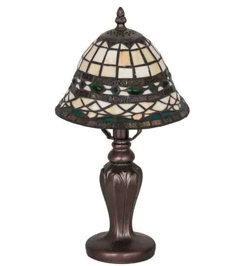 Emerald and Aquamarine colored jewels and Multicolored granite glass bands accentuate this elegant Amber Beige art glass reproduction of a famous Louis Comfort Tiffany design. This Roman styled shade is inspired by Italian art and architecture and is handcrafted of authentic stained glass by artisans using the famous Meyda Tiffany copperfoil construction method. The shade is perched on a decorative base featuring a warm, hand applied Mahogany Bronze finish. Custom colors, styles and sizes are offered, as well as dimmable energy efficient lamping options such as LED. The lamp is UL and cUL listed for dry locations. Collection: Tiffany Roman Finish: Beige Green Pbagwg Green Glass: Ba Em Pbagwg Green Width: 8.00" Height: 15.00" Length: 8.00" Weight: 2.50 lb Number of Bulbs: 1 Maximum Wattage: 40.00 W Bulb Type: G16.5 Bulb Base: E12 Material: Zinc Country of Origin: CHINA Safety Listing: Dry Safety Rating: Dry - alternate view