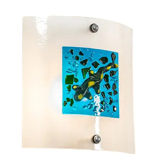 Add a fun lighting design to a home, restaurant, hotel, or retail location. This ADA-Compliant wall sconce is designed with a Green and Yellow Salamander pattern on Blue Art glass with a Clear Glass background. The square medallion feature on this wall sconce is high-fired to fall into a mesmerizing organic design. This compelling lighting design features a Fused Art Glass style as a uniquely decorative wall luminaire that is ideal for modern homes and restaurants and those who appreciate a work of beauty. Traditional artistry, high-fire kilns, and original tools fuse art glass in the old world tradition. Ideal for installation on walls in corridors and dining spaces in residential and hospitality locations from Palm Beach, Florida, to Austin, Texas, to Portland, Oregon. The Metro Fusion Salamander Wall Sconce is featured in our American-made, American-designed, handcrafted Fused Glass Lighting Collection, which is manufactured in Yorkville, New York. UL and cUL listed for dry and damp locations. Each shade is a unique work of art with color variations based on natural ingredients inherent in the glass. The Quality Bent Glass division of Meyda Lighting is over 100 years in the making. Today, we are still creating timeless masterpieces using tools and methods from the days when we supplied Tiffany Studios. Fused glass colors and metal finishes are customizable, as each fixture is handcrafted to order. Collection: Metro Fusion Finish: Nickel Glass: Clear/Blue/Green/Yellow Width: 11.00" Height: 11.00" Length: 4.00" Weight: 4.50 lb Number of Bulbs: 1 Maximum Wattage: 60.00 W Bulb Type: T10 Bulb Base: E26 Material: Steel Country of Origin: USA Safety Rating: Damp - alternate view