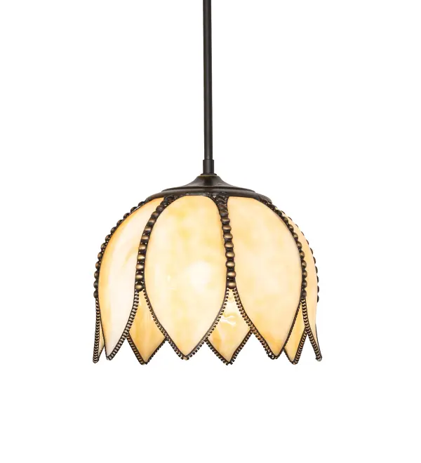 This stunning pendant features eight graceful Tulip petals in Beige Art Glass. The fixture features Oil Rubbed Bronze filigree on the shade with metal hardware finished in Antique Brass. This pendant can be placed above tables in dining and kitchen spaces in fine homes and hotels. The overall height can be adjusted by combining the four stem lengths that are included: 6-inch; 12-inch; 16-inch; and 24-inch; in any combination to achieve the desired drop from the ceiling. The Tulip Pendant is included in our American-made; American-designed; handcrafted Quality Bent Glass Collection; which is manufactured in Yorkville; New York. UL and cUL listed for dry and damp locations. Each shade is a unique work of art with color variations based on natural ingredients inherent in the glass. The Quality Bent Glass division of Meyda Lighting is over 100 years in the making. Today; we continue to create timeless masterpieces using tools and methods that date back to the days when we supplied Tiffany Studios. Bent glass colors and metal finishes are customizable; as each fixture is handcrafted to order.