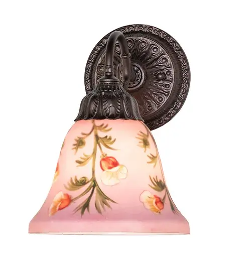 This charming wall sconce features a unique decorative art glass shade that integrates brilliant color and charm. A Bell profile and smooth edge grace this lovely Handpainted Fuchsia shade with a colorful floral and Green Leaf design. The wall fixture can be placed in living and dining spaces in fine homes from Cape May, New Jersey, to Old Louisville, Kentucky, to Kalamazoo, Michigan. The Bell Flower Wall Sconce is featured in our American-designed, handcrafted Art Glass Lighting Collection. The fixture is UL and cUL listed for dry and damp locations. Each shade is a unique work of art with color variations based on natural ingredients inherent in the glass. Collection: Bell Flower Finish: Mahogany Bronze Glass: Hand Painted Fushia Glass Width: 8.00" Height: 10.00" Length: 10.00" Weight: 2.50 lb Number of Bulbs: 1 Maximum Wattage: 60.00 W Bulb Type: A19 Bulb Base: E26 Material: Steel Country of Origin: CHINA Safety Rating: Damp - alternate view