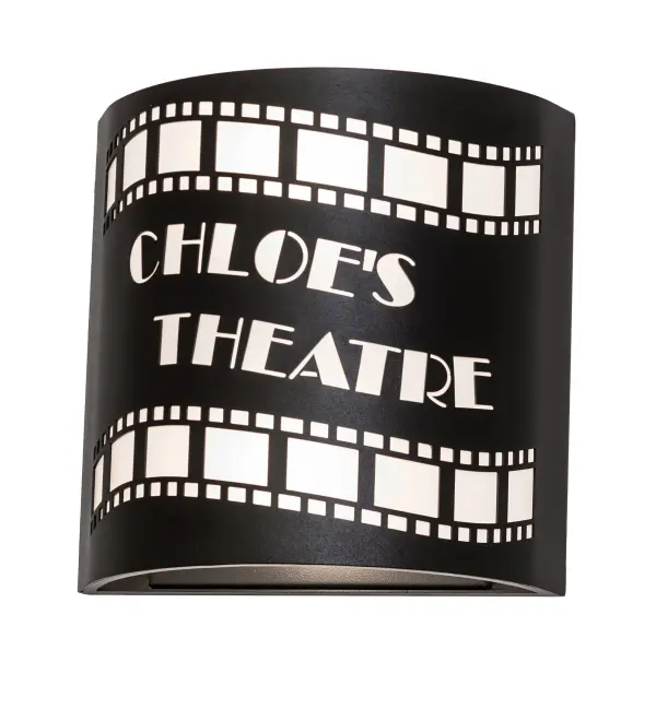 Lights, camera, action! Recreating a nostalgic strip of transparencies used to project motion or still pictures, this eye-catching lighting design features celluloid details and the name CHLOE'S THEATRE in Artic Idalight with Textured Black finished hardware. The Tinseltown Filmstrip Personalized Wall Sconce is featured in our American-made, American-designed, handcrafted Personalized Lighting Collection. This curvaceous, ADA-compliant fixture is manufactured in Yorkville, New York. UL and cUL listed for dry and damp locations. Call us today, and we will add your monograms or name to a lighting fixture for your next project. Collection: Tinseltown Finish: Textured Black Glass: Artic Idalight Width: 10.00" Height: 10.00" Length: 4.00" Weight: 3.00 lb Number of Bulbs: 2 Maximum Wattage: 60.00 W Bulb Type: A19 Bulb Base: E26 Material: Steel Country of Origin: USA Safety Rating: Damp