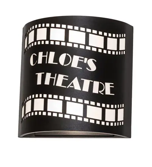 Lights, camera, action! Recreating a nostalgic strip of transparencies used to project motion or still pictures, this eye-catching lighting design features celluloid details and the name CHLOE'S THEATRE in Artic Idalight with Textured Black finished hardware. The Tinseltown Filmstrip Personalized Wall Sconce is featured in our American-made, American-designed, handcrafted Personalized Lighting Collection. This curvaceous, ADA-compliant fixture is manufactured in Yorkville, New York. UL and cUL listed for dry and damp locations. Call us today, and we will add your monograms or name to a lighting fixture for your next project. Collection: Tinseltown Finish: Textured Black Glass: Artic Idalight Width: 10.00" Height: 10.00" Length: 4.00" Weight: 3.00 lb Number of Bulbs: 2 Maximum Wattage: 60.00 W Bulb Type: A19 Bulb Base: E26 Material: Steel Country of Origin: USA Safety Rating: Damp - alternate view