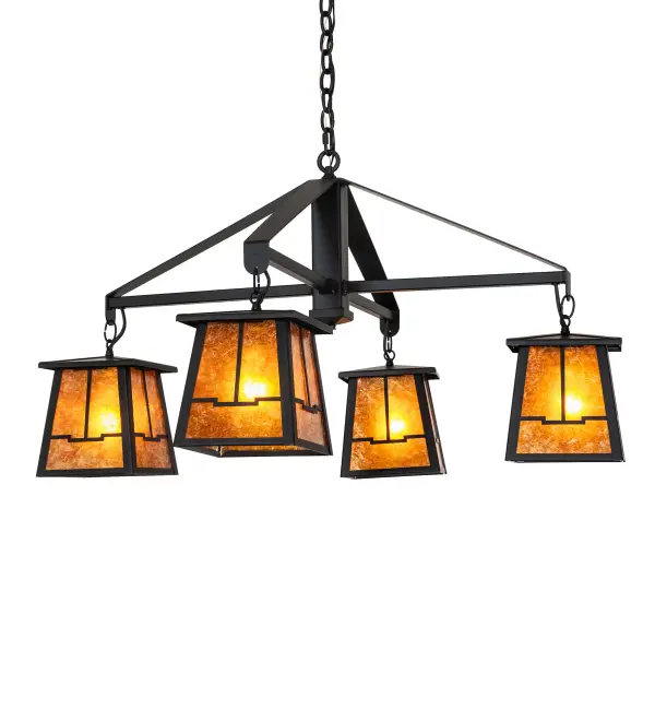 This classic Bungalow design embodies the ideal of the American home. The four shades feature an abstract Valley View motif with an Amber Mica lens. The chandelier's casual; cozy look is complemented by a Flat Black finish; making this handsome ceiling fixture suitable for countless applications. The ceiling fixture is ideal for illuminating dining tables; hallways; and other residential and hospitality spaces from Grand Rapids; Michigan; to Mobile; Alabama; to Glendale; California. The overall height of this pendant ranges from 25 to 143 inches; as the chain length can be easily adjusted in the field to accommodate your specific lighting application needs. The Bungalow Valley View Chandelier is included in our American-made; American-designed; handcrafted Craftsman Lighting Collection and manufactured in Yorkville; New York. The fixture is UL and cUL listed for dry and damp locations.