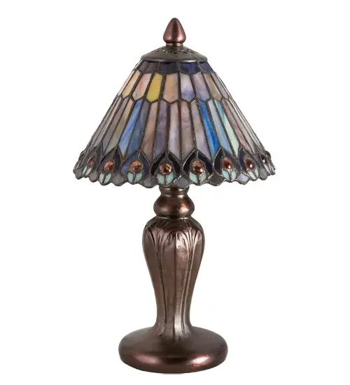As distinctive as beautiful Peacock fanning feathers in the wild; no two shades will ever be the same as their individuality can be as remarkably unique as their personality. This artistic creation utilizes swirling opalescent art glass background combinations including Beige; Yellow Pinks; Golden Greens; Ivories; Bluish Whites; Turquoise Blues; Olive and Spring Greens. The eye of the plumage design reveals Purples; Pastel Blues; Teals; Cobalt and Ivories; accented with Blue and Purple colored jewels. Individual pieces of glass are hand cut and wrapped using Meyda Tiffany's famous copperfoil construction. Each shade is a unique work of art with color variations based on natural ingredients inherent in the glass.