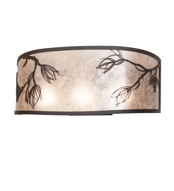 This stunning lighting design features Nature-inspired Pine Needle metal accents. A beautiful ambient glow emanates from a curved Silver Mica shade complemented by hardware and accents finished in Oil Rubbed Bronze. This curvaceous fixture can be used as a vanity light in a fine bath or a decorative wall sconce in hallways and other spaces in residential, hospitality, and commercial settings throughout the US, including Henderson, Nevada, to Helena, Montana, to Everett, Washington. The Lone Pine Vanity Light is featured in our American-made, American-designed, handcrafted Nature Inspired Lighting Collection. This fixture is manufactured in Yorkville, New York. UL and cUL listed for dry and damp locations. Upstate New York's adventurous playland, known as the Adirondack Mountains, with its many breathtaking forests, lakes, and rivers, is the spiritual birthplace of Meyda and inspires our rustic-themed mica collections. Collection: Lone Pine Finish: Oil Rubbed Bronze Glass: Silver Mica Width: 20.00" Height: 9.00" Length: 8.00" Weight: 9.00 lb Number of Bulbs: 3 Maximum Wattage: 60.00 W Bulb Type: A19 Bulb Base: E26 Material: Steel Country of Origin: USA Safety Rating: Damp