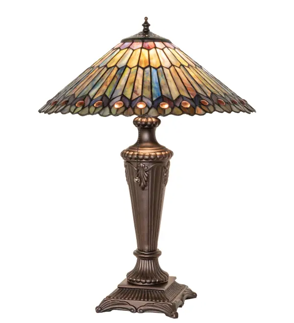 As distinctive as beautiful Peacock fanning feathers in the wild, no two shades will ever be the same as their individuality can be as remarkably unique as their personality. This artistic creation utilizes swirling opalescent art glass background combinations including Beige, Yellow Pinks, Golden Greens, Ivories, Bluish Whites, Turquoise Blues, Olive and Spring Greens. The eye of the plumage design reveals Purples, Pastel Blues, Teals, Cobalt and Ivories, accented with Blue and Purple colored jewels. Individual pieces of glass are hand cut and wrapped using Meyda Tiffany's famous copperfoil construction. Each shade is a unique work of art with color variations based on natural ingredients inherent in the glass. Mahogany Bronze finish. Collection: Tiffany Jeweled Peacock Finish: Mahogany Bronze Glass: Jade Purple/Purple Blue/Sky Blue Width: 17.00" Height: 23.00" Length: 6.50" Weight: 11.00 lb Number of Bulbs: 3 Maximum Wattage: 100.00 W Bulb Type: A19 Bulb Base: E26 Material: Zinc Country of Origin: CHINA Safety Listing: Dry Safety Rating: Dry