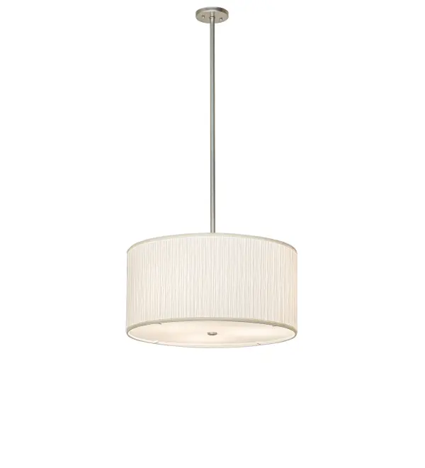 Offering a refined architectural look that will complement the most luxurious interiors; the pendant creates soft illumination and sophistication with its elegant palette. The White Moire Silk shade is constructed using a mushroom pleat for added depth and is complemented with a Statuario Idalight bottom diffuser. The fixture is enhanced with Nickel finished hardware. The Cilindro Mushroom Pleated Textrene Pendant is included in our American-made; American-designed; handcrafted Modern Collection; which is manufactured in Yorkville; New York. It is UL and cUL listed for dry and damp locations; however; we do not recommend installing it in spaces that experience a large amount of moisture due to the fabric shade.