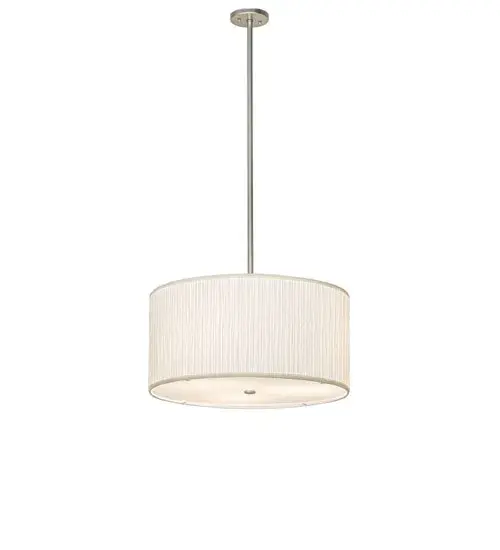 Offering a refined architectural look that will complement the most luxurious interiors; the pendant creates soft illumination and sophistication with its elegant palette. The White Moire Silk shade is constructed using a mushroom pleat for added depth and is complemented with a Statuario Idalight bottom diffuser. The fixture is enhanced with Nickel finished hardware. The Cilindro Mushroom Pleated Textrene Pendant is included in our American-made; American-designed; handcrafted Modern Collection; which is manufactured in Yorkville; New York. It is UL and cUL listed for dry and damp locations; however; we do not recommend installing it in spaces that experience a large amount of moisture due to the fabric shade. - alternate view