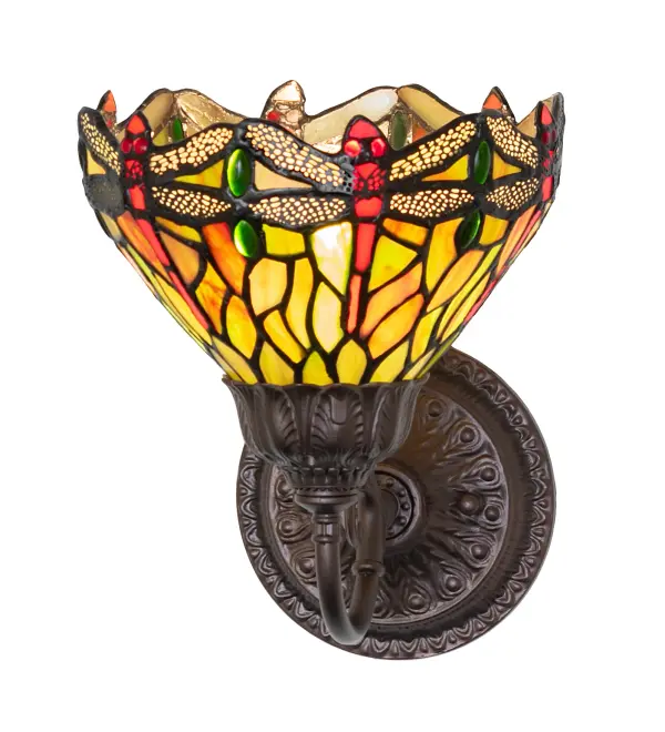 Inspired by a famous Tiffany Studio Dragonfly masterpiece. Red dragonflies with glowing Red jeweled eyes and Yellow filigree wings dive over a Green and Orange background accented with Red and Green glass jewels. Embraced with elegant cast metal hardware finished in Mahogany Bronze, the Tiffany Hanging Head Dragonfly Sconce is included in our American designed, handcrafted Tiffany Reproduction Lighting Collection. UL & cUL listed for dry and damp locations. Each shade is a unique work of art with color variations based on natural ingredients inherent in the glass. Contact us if color matching is critical when ordering multiple items. Collection: Tiffany Hanginghead Dragonfly Finish: Mahogany Bronze Glass: Stained Glass Width: 7.00" Height: 9.50" Length: 9.00" Weight: 2.50 lb Number of Bulbs: 1 Maximum Wattage: 60.00 W Bulb Type: A15 Bulb Base: E26 Material: Steel Country of Origin: CHINA Safety Rating: Damp
