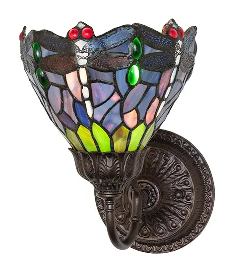 This beloved lighting design is modeled after the original hanging head dragonfly from Tiffany Studios. Diving Blue Dragonflies with glowing jeweled eyes and delicate metal filigree wings circle over hand-cut and copper foiled pieces of Lakeside Blue and Pond Green glass representing rippling water. This lovely shade is created using the famous Meyda Tiffany copperfoil construction and enhanced with a Mahogany Bronze finished cast metal hardware. The fixture is inspired by Dragonflies that inhabit renowned rose gardens in the New York Botanical Garden in Bronx Park, New York City, to the White House in Washington, D.C. It is ideal for placement in hallways and dining areas to create a beautiful design statement. The Tiffany Hanginghead Dragonfly Wall Sconce is included in our American-designed, handcrafted Tiffany Reproduction Collection. UL and cUL listed for dry and damp locations. Collection: Tiffany Hanginghead Dragonfly Finish: Mahogany Bronze Glass: Stained Glass Width: 7.00" Height: 9.50" Length: 9.00" Weight: 3.00 lb Number of Bulbs: 1 Maximum Wattage: 60.00 W Bulb Type: A15 Bulb Base: E26 Country of Origin: CHINA Safety Rating: Damp - alternate view