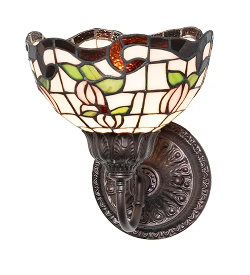 Grace your home with this elegant shade featuring a gridwork of White art glass adorned with a Bark Brown border of swirling ribbons and Pink rosebuds with Spring Green Leaves. Crafted of hand-cut art glass using the famous Meyda Tiffany copperfoil construction process and complemented with ornate cast hardware in a Mahogany Bronze finish and inspired by famous rose gardens in the New York Botanical Garden in Bronx Park, New York City, to the White House in Washington, D.C. The fixture is ideal for placement in hallways and dining areas to create a beautiful design statement. The Roseborder Wall Sconce is featured in our American-designed, handcrafted Stained Glass Lighting Collection. UL & cUL listed for dry and damp locations. Each shade is a unique work of art with color variations based on natural ingredients inherent in the glass. Collection: Roseborder Finish: Mahogany Bronze Glass: White/Pink Flemish/Root Beer Width: 8.00" Height: 9.50" Length: 9.50" Weight: 2.50 lb Number of Bulbs: 1 Maximum Wattage: 60.00 W Bulb Type: A15 Bulb Base: E26 Country of Origin: CHINA Safety Rating: Damp - alternate view