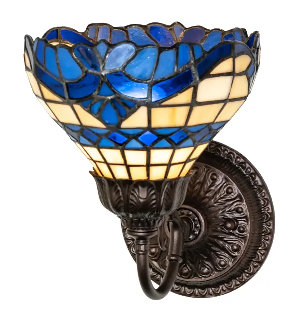 Regal scrolls and flourishes of Wedgewood Blue, with coordinating diamond accents on a Beige gridwork art glass background, adorn this exquisite Tiffany-styled shade. This wall sconce features a beautiful art glass shade created using the famous Meyda Tiffany copperfoil construction process and complemented with elegant floral-style cast metal hardware in a Mahogany Bronze finish. UL and cUL listed for dry and damp locations. The fixture is ideal for illuminating walls in hallways and dining areas in homes, banks, and libraries from Boston, Massachusetts, to Savannah, Georgia, to Monterey, California. The Baroque Wall Sconce is included in our American-designed, handcrafted Tiffany Stained Glass Collection. UL and cUL listed for dry and damp locations. Each shade is a unique work of art with color variations based on natural ingredients inherent in the glass. Collection: Baroque Finish: Mahogany Bronze Glass: Stained Glass Width: 7.00" Height: 10.00" Length: 9.00" Weight: 3.00 lb Number of Bulbs: 1 Maximum Wattage: 60.00 W Bulb Type: A15 Bulb Base: E26 Country of Origin: CHINA Safety Rating: Damp