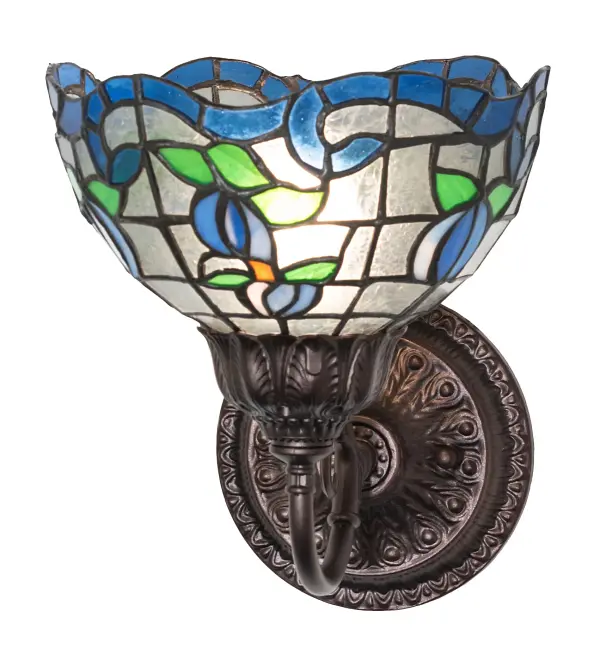 Grace your home with this elegant shade featuring a gridwork of Clear art glass adorned with a Sapphire Blue border of swirling ribbons and Blue rosebuds with Spring Green Leaves. Crafted of hand-cut art glass using the famous Meyda Tiffany copperfoil construction process and complemented with ornate cast hardware in a Mahogany Bronze finish and inspired by renowned rose gardens in the New York Botanical Garden in Bronx Park, New York City, to the White House in Washington, D.C. The fixture is ideal for placement in hallways and dining areas to create a beautiful design statement. The Roseborder Wall Sconce is featured in our American-designed, handcrafted Stained Glass Lighting Collection. UL & cUL listed for dry and damp locations. Each shade is a unique work of art with color variations based on natural ingredients inherent in the glass. Collection: Roseborder Finish: Mahogany Bronze Glass: Stained Glass Width: 7.00" Height: 9.00" Length: 9.00" Weight: 3.00 lb Number of Bulbs: 1 Maximum Wattage: 60.00 W Bulb Type: A15 Bulb Base: E26 Country of Origin: CHINA Safety Rating: Damp