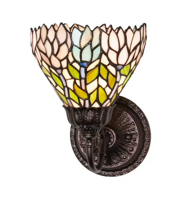 Stylized Wisteria flower clusters in Petal Pink, Amethyst Blue, and Dark Mauve with Jade Green leaves and Dark Mauve vines drape over the Beige background of the shade of this wall sconce. The classic styling of Tiffany art glass and soft pastel colors will add charm to any room. The stunning shade is made of hand-cut glass using the famous Meyda Tiffany copperfoil construction technique. This wall fixture is complemented with elegant cast metal hardware in a warm Mahogany Bronze finish. The fixture is inspired by flowers in various gardens, from the Gibbs Gardens in Ball Ground, Georgia, to the Minnesota Landscape Arboretum in Chaska, Minnesota, to the Desert Botanical Garden. The Wisteria Wall Sconce is included in our American-designed, handcrafted Stained Glass Lighting Collection. UL & cUL listed for dry and damp locations. Each shade is a unique work of art with color variations based on natural ingredients inherent in the glass. Collection: Wisteria Finish: Mahogany Bronze Glass: Stained Glass Width: 7.00" Height: 10.00" Length: 9.00" Weight: 3.00 lb Number of Bulbs: 1 Maximum Wattage: 60.00 W Bulb Type: A19 Bulb Base: E26 Country of Origin: CHINA Safety Rating: Damp