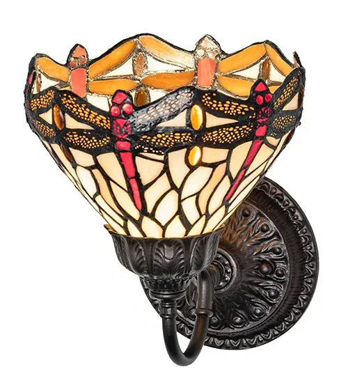 Recreating one of Tiffany Studio's classic Dragonfly lighting masterpieces... Red dragonflies with glowing jeweled eyes and Yellow filigree wings dive over a Beige art glass background. The stunning shade is accented with Red glass and Amber glass jewels. The art glass shade is created using the famous Meyda Tiffany copperfoil construction technique. The fixture is inspired by Dragonflies found in renowned rose gardens in the New York Botanical Garden in Bronx Park, New York City, to the White House in Washington, D.C. The wall sconce is ideal for placement in hallways and dining areas to create a beautiful design statement. The Tiffany Hanginghead Dragonfly Wall Sconce is included in our American-designed, handcrafted Tiffany Reproduction Collection. UL and cUL listed for dry and damp locations. Each shade is a unique work of art with color variations based on natural ingredients inherent in the glass. Collection: Tiffany Hanginghead Dragonfly Finish: Mahogany Bronze Glass: Stained Glass Width: 8.00" Height: 10.00" Length: 9.00" Weight: 2.50 lb Number of Bulbs: 1 Maximum Wattage: 60.00 W Bulb Type: A15 Bulb Base: E26 Country of Origin: CHINA Safety Rating: Damp - alternate view