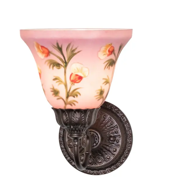This charming wall sconce features a unique decorative art glass shade that integrates brilliant color and charm. A Bell profile and smooth edge grace this lovely Handpainted Fuchsia shade with colorful floral and Green Leaf designs. The wall fixture can be placed in living and dining spaces in fine homes from Cape May, New Jersey, to Old Louisville, Kentucky, to Kalamazoo, Michigan. The Bell Flower Wall Sconce is featured in our American-designed, handcrafted Art Glass Lighting Collection. The fixture is UL and cUL listed for dry and damp locations. Each shade is a unique work of art with color variations based on natural ingredients inherent in the glass. Collection: Bell Flower Finish: Mahogany Bronze Glass: Hand Painted Fushia Glass Width: 8.00" Height: 10.00" Length: 10.00" Weight: 2.50 lb Number of Bulbs: 1 Maximum Wattage: 60.00 W Bulb Type: A19 Bulb Base: E26 Material: Steel Country of Origin: CHINA Safety Rating: Damp