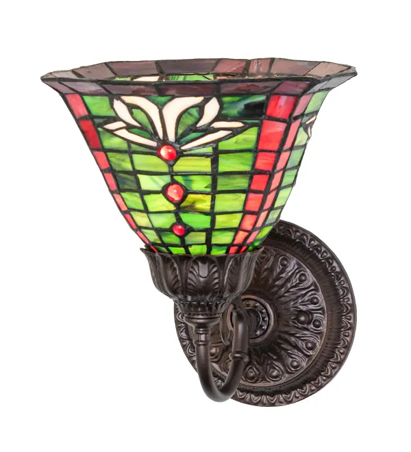 An incomparable Meyda Tiffany original design. The Faire Isle Beige Celtic knot pattern of this handsome Gaelic Moss Green and Burgundy stained glass shade is accented with Burgundy glass jewels. The shade is created using the famous Meyda Tiffany copperfoil construction and is perfectly paired with elegant cast metal hardware, which is hand-finished in Mahogany Bronze. Place this wall sconce in hallways and dining spaces in residential, commercial, and hospitality settings from Pembroke, North Carolina, to Columbus, Ohio, to Minnetonka, Minnesota, to make a dramatic design statement. The Dublin?Wall Sconce is included in our American-designed, handcrafted Stained Glass Collection. UL and cUL listed for dry and damp locations. Each shade is a unique work of art with color variations based on natural ingredients inherent in the glass. Collection: Dublin Finish: Mahogany Bronze Width: 8.00" Height: 10.00" Length: 9.50" Weight: 5.00 lb Number of Bulbs: 1 Maximum Wattage: 60.00 W Bulb Type: A19 Bulb Base: E26 Material: Steel Country of Origin: CHINA Safety Rating: Damp