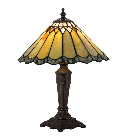 Thinly carved and polished natural Jadestone in earthy tones of Moss Green; Tan; and Coral; become luminescent in this charming scalloped edged shade. The stone shade is crafted with the same copperfoil process that is used on stained glass; Tiffany style shades. A Mahogany Bronze finished base completes this precious accent lamp. - alternate view