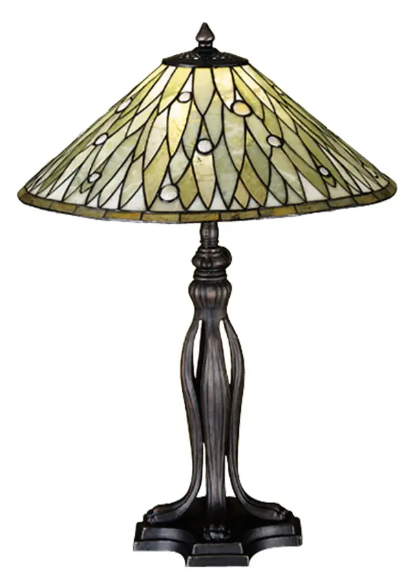 Thinly carved and polished natural Jadestone in earthy tones of Moss Green, and Ivory, become luminescent in this handsome leaf patterned shade with glass jewel accents. The stone shade is crafted with the same copperfoil process that is used on stained glass, Tiffany style shades. A Mahogany Bronze finished base completes this elegant table lamp. Collection: Jadestone Dew Drop Finish: Mahogany Bronze Glass: Sfj Pearl Width: 17.00" Height: 24.00" Length: 17.00" Number of Bulbs: 1 Maximum Wattage: 100.00 W Bulb Type: A19 Bulb Base: Medium Material: Metal Country of Origin: CHINA Safety Rating: Dry