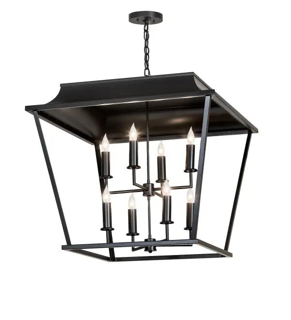 A brilliant incarnation of a stylized lantern used to illuminate old-world fortress paths and streets in historic Europe. The chimney-styled header is featured in a Solar Black finish for a rich look. The pendant reveals eight complementary faux candlelights that provide beautiful ambient illumination. This pendant can be placed above tables in fine homes and hotels from Fayetteville; North Carolina; to Modesto; California; to Tacoma; Washington. The overall height ranges from 33 to 104 inches as the chain can be adjusted in the field. The Bastille Omega Pendant is included in our American-made; American-designed; handcrafted Traditional Lighting Collection and manufactured in Yorkville; New York. UL and cUL listed for dry and damp locations.