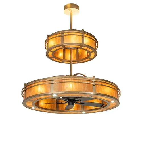 Commanding your attention; this bold; eye-catching Sargent Chandel-Air features an integrated ceiling fan. Two tiers of Ambra Siena Idalight diffusers are complemented by contemporary banding and handsome hardware finished in Gold Metallic. Sixteen inner lamps showcase the beauty of the Idalight and provide beautiful decorative lighting; while four downlights deliver functional task lighting; and four up lights provide optimal ambient illumination. The bottom diffuser combines a custom lighting design with an energy-efficient fan that spins quietly at its center; creating a wind chill to keep the space cool in summer and reversed in winter to push down hot air and maintain warmth. The Chandel-Air is ideal for installation in great rooms; lobbies; foyers; and other large residential; hospitality; and commercial spaces. The Sargent Chandel-Air is featured in our American-made; American-designed; handcrafted Chandel-Air Collection; which is manufactured in Yorkville; NY. The fixture is UL & cUL listed for dry and damp locations. - alternate view