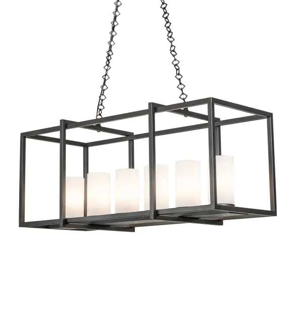 A sophisticated; architecturally styled fixture is designed with a unique; fresh; and stylish pizazz. Give your decor an extra edge with this breathtaking fixture highlighted with a solid structure. Six Statuario Frosted Idalight Cylindre elements project beautiful ambient illumination. The solidly constructed hardware is featured in a Wrought Iron finish. The handsome fixture is ideal for lighting over islands; counters; bars; and tables. The overall height ranges from 29 to 55 inches as the chain easily adjusts on location to meet your lighting requirements. The Kitzi Oblong Pendant is included in our American-made; American-designed; handcrafted Transitional Lighting Collection and manufactured in Yorkville; NY. It is UL and cUL listed for dry and damp locations.