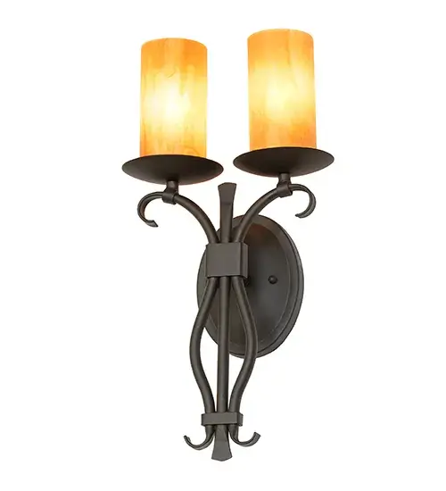 This exquisite wall sconce makes an elegant; illuminating design statement and adds stunning beauty to any room in high style. The Julian wall fixture features twin Ambra Siena Idalight Cilindre elements adorned with scrolled metal accents in an Oil Rubbed Bronze finish. Place this wall fixture in hallways; entryways; and other residential and commercial areas. The Juliana 2 Light Wall Sconce is included in our American-made; American-designed; handcrafted Traditional Lighting Collection; which is manufactured in Yorkville; New York. It is UL and cUL listed for dry and damp locations. - alternate view