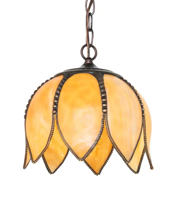 Nature and light intersect in this beautiful bouquet. This stunning pendant features eight graceful Tulip petals in Beige Art Glass. The fixture features Brass filigree hand-finished in Craftsman Brown on the shade with metal hardware finished in Mahogany Bronze. This inverted pendant can be placed above tables in dining and kitchen spaces in fine homes and hotels from Shelter Island, New York, to Columbus, Ohio, to Palm Springs, California. The overall height ranges from 15 to 52 inches, as the chain length can be easily adjusted in the field to accommodate your specific lighting application needs. The Tulip Pendant is included in our American-made, American-designed, handcrafted Quality Bent Glass Collection, which is manufactured in Yorkville, New York. UL and cUL listed for dry and damp locations. Each shade is a unique work of art with color variations based on natural ingredients inherent in the glass. The Quality Bent Glass division of Meyda Lighting is over 100 years in the making. Today, we are still creating timeless masterpieces using tools and methods from the days when we supplied Tiffany Studios. Bent glass colors and metal finishes are customizable, as each fixture is handcrafted to order. Collection: Tulip Finish: Craftsman Brown On Brass Mahogany Bronze Glass: Beige Art Glass Width: 10.00" Height: 15.00" Length: 10.00" Weight: 4.00 lb Number of Bulbs: 1 Maximum Wattage: 60.00 W Bulb Type: A19 Bulb Base: E26 Material: Steel Country of Origin: USA Safety Rating: Damp