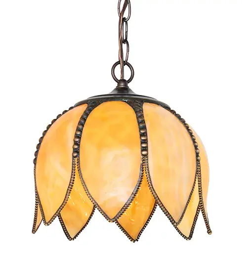 Nature and light intersect in this beautiful bouquet. This stunning pendant features eight graceful Tulip petals in Beige Art Glass. The fixture features Brass filigree hand-finished in Craftsman Brown on the shade with metal hardware finished in Mahogany Bronze. This inverted pendant can be placed above tables in dining and kitchen spaces in fine homes and hotels from Shelter Island, New York, to Columbus, Ohio, to Palm Springs, California. The overall height ranges from 15 to 52 inches, as the chain length can be easily adjusted in the field to accommodate your specific lighting application needs. The Tulip Pendant is included in our American-made, American-designed, handcrafted Quality Bent Glass Collection, which is manufactured in Yorkville, New York. UL and cUL listed for dry and damp locations. Each shade is a unique work of art with color variations based on natural ingredients inherent in the glass. The Quality Bent Glass division of Meyda Lighting is over 100 years in the making. Today, we are still creating timeless masterpieces using tools and methods from the days when we supplied Tiffany Studios. Bent glass colors and metal finishes are customizable, as each fixture is handcrafted to order. Collection: Tulip Finish: Craftsman Brown On Brass Mahogany Bronze Glass: Beige Art Glass Width: 10.00" Height: 15.00" Length: 10.00" Weight: 4.00 lb Number of Bulbs: 1 Maximum Wattage: 60.00 W Bulb Type: A19 Bulb Base: E26 Material: Steel Country of Origin: USA Safety Rating: Damp - alternate view
