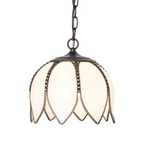 Nature and light intersect in this beautiful bouquet. This stunning pendant features eight graceful Tulip petals in White Iridescent Glass. The fixture features Brass filigree hand-finished in Craftsman Brown on the shade with metal hardware finished in Mahogany Bronze. This inverted pendant can be placed above tables in dining and kitchen spaces in fine homes and hotels from Shelter Island, New York, to Columbus, Ohio, to Palm Springs, California. The overall height ranges from 15 to 52 inches, as the chain length can be easily adjusted in the field to accommodate your specific lighting application needs. The Tulip Pendant is included in our American-made, American-designed, handcrafted Quality Bent Glass Collection, which is manufactured in Yorkville, New York. UL and cUL listed for dry and damp locations. Each shade is a unique work of art with color variations based on natural ingredients inherent in the glass. The Quality Bent Glass division of Meyda Lighting is over 100 years in the making. Today, we are still creating timeless masterpieces using tools and methods from the days when we supplied Tiffany Studios. Bent glass colors and metal finishes are customizable, as each fixture is handcrafted to order. Collection: Tulip Finish: Craftsman Brown On Brass Mahogany Bronze Glass: White Iridescent Glass Width: 10.00" Height: 15.00" Length: 10.00" Weight: 4.00 lb Number of Bulbs: 1 Maximum Wattage: 60.00 W Bulb Type: A19 Bulb Base: E26 Material: Steel Country of Origin: USA Safety Rating: Damp