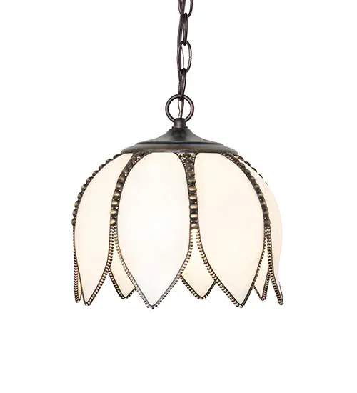 Nature and light intersect in this beautiful bouquet. This stunning pendant features eight graceful Tulip petals in White Iridescent Glass. The fixture features Brass filigree hand-finished in Craftsman Brown on the shade with metal hardware finished in Mahogany Bronze. This inverted pendant can be placed above tables in dining and kitchen spaces in fine homes and hotels from Shelter Island, New York, to Columbus, Ohio, to Palm Springs, California. The overall height ranges from 15 to 52 inches, as the chain length can be easily adjusted in the field to accommodate your specific lighting application needs. The Tulip Pendant is included in our American-made, American-designed, handcrafted Quality Bent Glass Collection, which is manufactured in Yorkville, New York. UL and cUL listed for dry and damp locations. Each shade is a unique work of art with color variations based on natural ingredients inherent in the glass. The Quality Bent Glass division of Meyda Lighting is over 100 years in the making. Today, we are still creating timeless masterpieces using tools and methods from the days when we supplied Tiffany Studios. Bent glass colors and metal finishes are customizable, as each fixture is handcrafted to order. Collection: Tulip Finish: Craftsman Brown On Brass Mahogany Bronze Glass: White Iridescent Glass Width: 10.00" Height: 15.00" Length: 10.00" Weight: 4.00 lb Number of Bulbs: 1 Maximum Wattage: 60.00 W Bulb Type: A19 Bulb Base: E26 Material: Steel Country of Origin: USA Safety Rating: Damp - alternate view