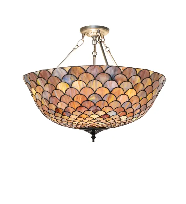 A Louis Comfort Tiffany studio classic... The renowned Fishscale design features a variegated Tortoiseshell of Emerald, Sapphire, Mauve, and Beige colored art glass, evoking a unique dimensional and textured look in a rainbow of brilliant hues. This exquisite art glass shade is created using the famous Meyda Tiffany copperfoil construction process and enhanced with elegant cast metal hardware featured in a Nickel finish. Rainbow Trout and other colorful fish inspired the ceiling fixture. The Tiffany Fishscale Inverted Semi-Flushmount is included in our American-designed, handcrafted Tiffany Reproduction Lighting Collection. It is UL and cUL listed for dry and damp locations. Each shade is a unique work of art with color variations based on natural ingredients inherent in the glass. Collection: Tiffany Fishscale Finish: Brushed Nickel Glass: Stained Glass Width: 24.00" Height: 19.00" Length: 24.00" Weight: 10.00 lb Number of Bulbs: 3 Maximum Wattage: 60.00 W Bulb Type: A19 Bulb Base: E26 Material: Steel Country of Origin: CHINA Safety Rating: Damp