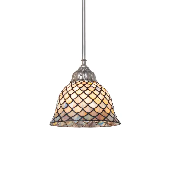 A Louis Comfort Tiffany studio classic... The renowned Fishscale design features a variegated Tortoiseshell of Emerald, Sapphire, Mauve, and Beige colored art glass, evoking a unique dimensional and textured look in a rainbow of brilliant hues. This exquisite art glass shade is created using the famous Meyda Tiffany copperfoil construction process and enhanced with a Nickel finish. The mini pendant can be installed in groups to illuminate islands, bars, and tables in residential and hospitality settings. The Tiffany Fish scale Mini Pendant is included in our American-designed handcrafted Tiffany Reproduction Lighting Collection. UL & cUL listed for dry and damp locations. Each shade is a unique work of art with color variations based on natural ingredients inherent in the glass. Collection: Tiffany Fishscale Finish: Brushed Nickel Glass: Stained Glass Width: 8.00" Height: 26.00" Length: 8.00" Weight: 4.00 lb Number of Bulbs: 1 Maximum Wattage: 60.00 W Bulb Type: A19 Bulb Base: E26 Material: Steel Country of Origin: CHINA Safety Rating: Damp
