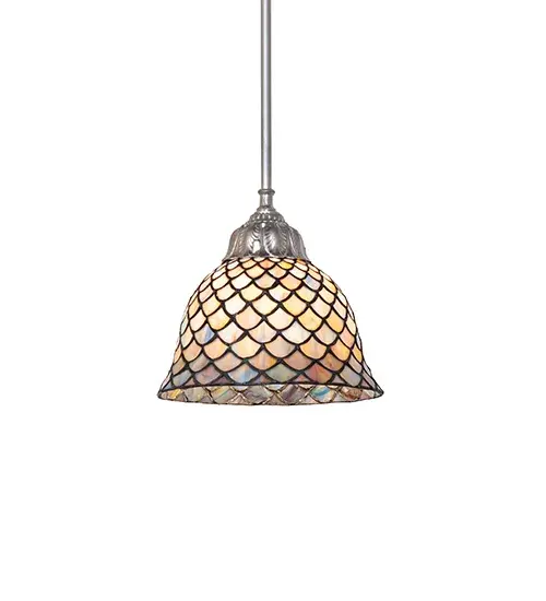 A Louis Comfort Tiffany studio classic... The renowned Fishscale design features a variegated Tortoiseshell of Emerald, Sapphire, Mauve, and Beige colored art glass, evoking a unique dimensional and textured look in a rainbow of brilliant hues. This exquisite art glass shade is created using the famous Meyda Tiffany copperfoil construction process and enhanced with a Nickel finish. The mini pendant can be installed in groups to illuminate islands, bars, and tables in residential and hospitality settings. The Tiffany Fish scale Mini Pendant is included in our American-designed handcrafted Tiffany Reproduction Lighting Collection. UL & cUL listed for dry and damp locations. Each shade is a unique work of art with color variations based on natural ingredients inherent in the glass. Collection: Tiffany Fishscale Finish: Brushed Nickel Glass: Stained Glass Width: 8.00" Height: 26.00" Length: 8.00" Weight: 4.00 lb Number of Bulbs: 1 Maximum Wattage: 60.00 W Bulb Type: A19 Bulb Base: E26 Material: Steel Country of Origin: CHINA Safety Rating: Damp - alternate view