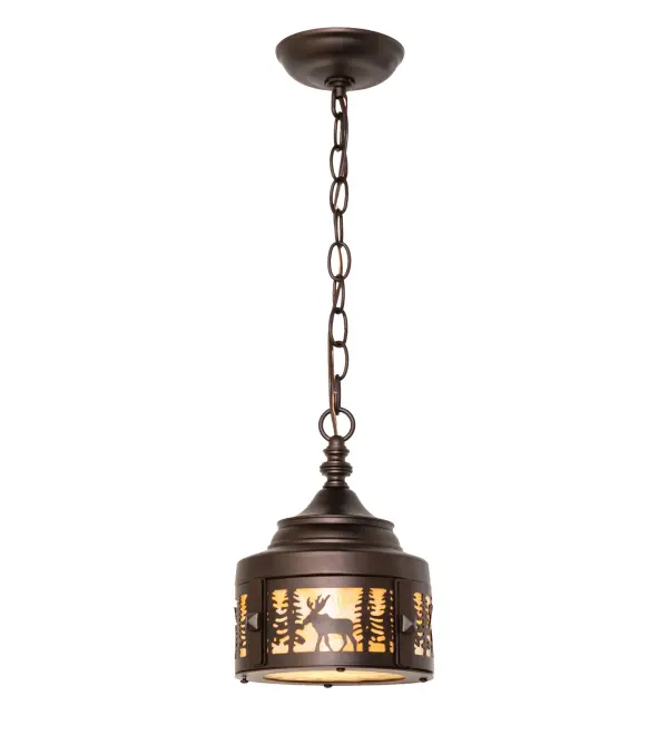 A majestic Moose wanders through the tall Pine trees around the perimeter of this rustic mini pendant. A stunning Beige Art Glass shade is complemented with a matching bottom diffuser and hardware featured in a Mahogany Bronze finish. The lighting design is inspired by Moose, found in forests and national parks, from Isle Royal in Michigan to Yellow National Park in Wyoming. The mini pendant is ideal for placement in groups to illuminate bars, islands, and tables in log homes, timber frame homes, and other residential and hospitality spaces. The overall height ranges from 14 to 23 inches, as the chain can be easily adjusted in the field. The Moose at Dusk Mini Pendant is included in our American-made, American-designed, handcrafted Wildlife Collection and manufactured in Yorkville, New York. UL and cUL listed for dry and damp locations. Upstate New York's adventurous playland, known as the Adirondack Mountains, with its many breathtaking forests, lakes, and rivers, is the spiritual birthplace of Meyda and inspires our rustic-themed art glass collections. Collection: Moose At Dusk Finish: Mahogany Bronze Glass: Beige Art Glass Width: 8.00" Height: 14.00" Length: 8.00" Weight: 5.00 lb Number of Bulbs: 1 Maximum Wattage: 60.00 W Bulb Type: A19 Bulb Base: E26 Material: Steel Country of Origin: USA Safety Rating: Damp