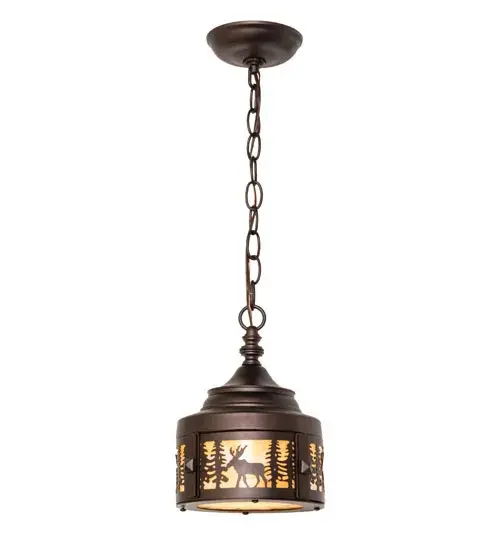 A majestic Moose wanders through the tall Pine trees around the perimeter of this rustic mini pendant. A stunning Beige Art Glass shade is complemented with a matching bottom diffuser and hardware featured in a Mahogany Bronze finish. The lighting design is inspired by Moose, found in forests and national parks, from Isle Royal in Michigan to Yellow National Park in Wyoming. The mini pendant is ideal for placement in groups to illuminate bars, islands, and tables in log homes, timber frame homes, and other residential and hospitality spaces. The overall height ranges from 14 to 23 inches, as the chain can be easily adjusted in the field. The Moose at Dusk Mini Pendant is included in our American-made, American-designed, handcrafted Wildlife Collection and manufactured in Yorkville, New York. UL and cUL listed for dry and damp locations. Upstate New York's adventurous playland, known as the Adirondack Mountains, with its many breathtaking forests, lakes, and rivers, is the spiritual birthplace of Meyda and inspires our rustic-themed art glass collections. Collection: Moose At Dusk Finish: Mahogany Bronze Glass: Beige Art Glass Width: 8.00" Height: 14.00" Length: 8.00" Weight: 5.00 lb Number of Bulbs: 1 Maximum Wattage: 60.00 W Bulb Type: A19 Bulb Base: E26 Material: Steel Country of Origin: USA Safety Rating: Damp - alternate view