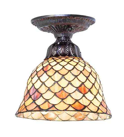 A Louis Comfort Tiffany studio classic... The renowned Fishscale design features a variegated Tortoiseshell of Emerald, Sapphire, Mauve, and Beige-colored stained glass, evoking a unique, dimensional, and textured look in a rainbow of brilliant hues. This exquisite art glass shade is created using the famous Meyda Tiffany copper foil construction process and enhanced with a Mahogany Bronze finish. The overall height can be adjusted by combining the four stem lengths that are included: 6-inch, 12-inch, 16-inch, and 24-inch, in any combination to achieve the desired drop from the ceiling. The Tiffany Fishscale Flush Mount is included in our American-designed, handcrafted Tiffany Reproduction Lighting Collection. It is UL and cUL listed for dry and damp locations. Each shade is a unique work of art with color variations based on natural ingredients inherent in the glass. Collection: Tiffany Fishscale Finish: Mahogany Bronze Glass: Stained Glass Width: 8.00" Height: 8.00" Length: 8.00" Weight: 3.00 lb Number of Bulbs: 1 Maximum Wattage: 60.00 W Bulb Type: A19 Bulb Base: E26 Material: Steel Country of Origin: CHINA Safety Rating: Damp - alternate view