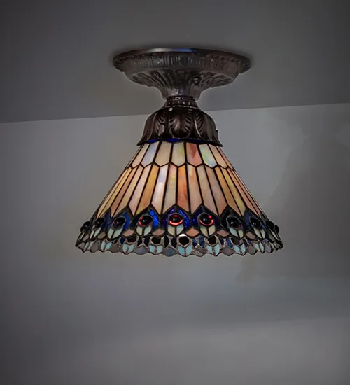 8" Wide Tiffany Jeweled Peacock Flushmount
