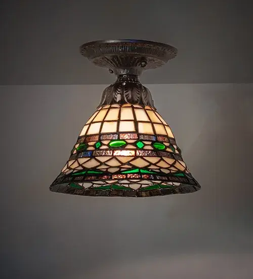 Emerald-colored jewels and Multicolored granite glass accent this stained glass reproduction of a famous Louis Comfort Tiffany design. The lighting design is inspired by Italian art and architecture. The art glass shade is created using the famous Meyda Tiffany copperfoil construction process and embraced by elegant cast metal hardware in a Mahogany Bronze finish. The ceiling fixture is ideal for illuminating dining tables and living spaces in residential and hospitality settings. The overall height can be adjusted by combining the four stem lengths that are included: 6-inch; 12-inch; 16-inch; and 24-inch; in any combination to achieve the desired drop from the ceiling. The Tiffany Roman Flushmount is included in our American-designed; handcrafted Tiffany Reproduction Lighting Collection. UL and cUL listed for dry and damp locations. Each shade is a unique work of art with color variations based on natural ingredients inherent in the glass.