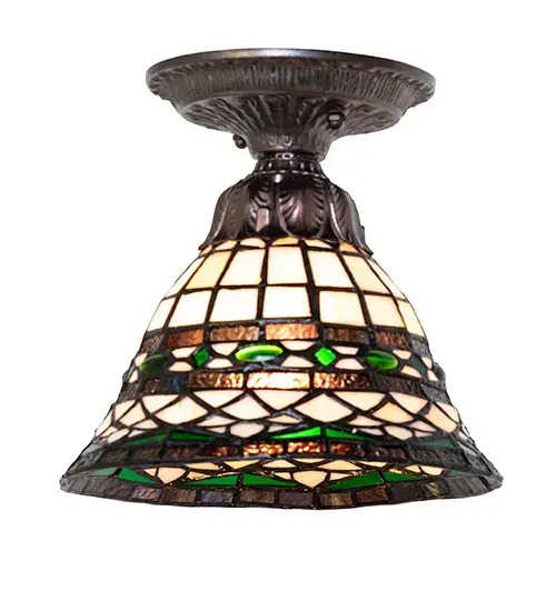 Emerald-colored jewels and Multicolored granite glass accent this stained glass reproduction of a famous Louis Comfort Tiffany design. The lighting design is inspired by Italian art and architecture. The art glass shade is created using the famous Meyda Tiffany copperfoil construction process and embraced by elegant cast metal hardware in a Mahogany Bronze finish. The ceiling fixture is ideal for illuminating dining tables and living spaces in residential and hospitality settings. The overall height can be adjusted by combining the four stem lengths that are included: 6-inch; 12-inch; 16-inch; and 24-inch; in any combination to achieve the desired drop from the ceiling. The Tiffany Roman Flushmount is included in our American-designed; handcrafted Tiffany Reproduction Lighting Collection. UL and cUL listed for dry and damp locations. Each shade is a unique work of art with color variations based on natural ingredients inherent in the glass. - alternate view