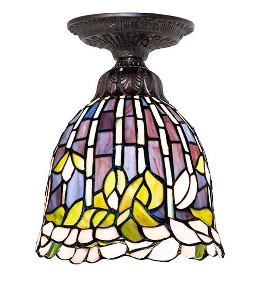 Inspired by Tiffany Studios' highly sought-after Flowering Lotus lamp; one of the world's foremost stained glass designs... This exquisite shade was crafted using quality hand-cut art glass and the famous Meyda Tiffany copperfoil techniques and embraced by Mahogany Bronze finished hardware. Blossoming Leafy Green; Yellow; Red; and Pink petals are highlighted with Green Stained Glass stems on a Multicolored background. This shade recaptures the artistry and craftsmanship perfected by Tiffany in his original creations. This piece is crafted by our most highly trained artisan; who hand-selected each piece of glass with impeccable taste for picking the correct movement so the grain is seamless and soldering is high caliber. This masterful art glass shade is ideal for illuminating hallways and living spaces in fine homes and hotels. The overall height can be adjusted by combining the four stem lengths that are included: 6-inch; 12-inch; 16-inch; and 24-inch; in any combination to achieve the desired drop from the ceiling. The Tiffany Flowering Lotus Flushmount is included in our American-designed; handcrafted Tiffany Museum Reproduction Collection. Each shade is a unique work of art with color variations based on natural ingredients inherent in the glass. - alternate view