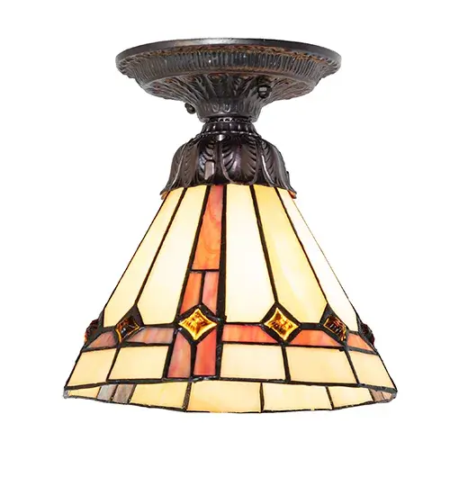 Belvidere features a conical-shaped stained glass shade. The Beige Stained Glass shade is created using the famous Meyda Tiffany copperfoil construction with Purple and Sunburst trim and Amber jewels. The elegant cast metal hardware is hand-finished in a warm Mahogany Bronze hue. The fixture is ideal for placement in hallways and dining areas in homes. The overall height can be adjusted by combining the four stem lengths that are included: 6-inch; 12-inch; 16-inch; and 24-inch; in any combination to achieve the desired drop from the ceiling. The Belvidere Wall Sconce is included in our American-designed; handcrafted Stained Glass Lighting Collection. UL and cUL listed for dry and damp locations. Each shade is a unique work of art with color variations based on natural ingredients inherent in the glass. - alternate view