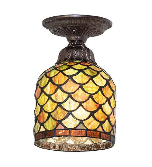 Invite the splendor of Mother Nature in all of its natural beauty. An Acorn-styled; Autumn multi-colored Art Glass Shade features Greens; Browns; and Golden tones; created with the famous Meyda Tiffany copper foil construction. Place this ceiling fixture over a bar; island; or counter to make a design statement. The Acorn Flush Mount is included in our American-designed; handcrafted Stained Glass Lighting Collection. The fixture is UL and cUL listed for dry and damp locations. Each shade is a unique work of art with color variations based on natural ingredients inherent in the glass. - alternate view